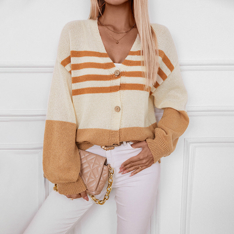 Color Block V-hals Cardigan met knopen en lange mouwen