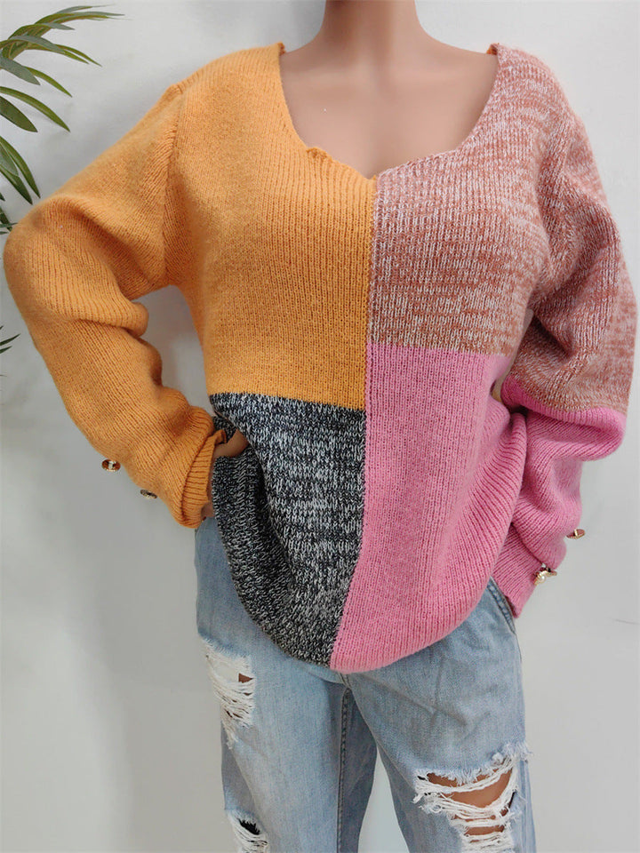 Color Block trui met lange mouwen en decoratieve knopen