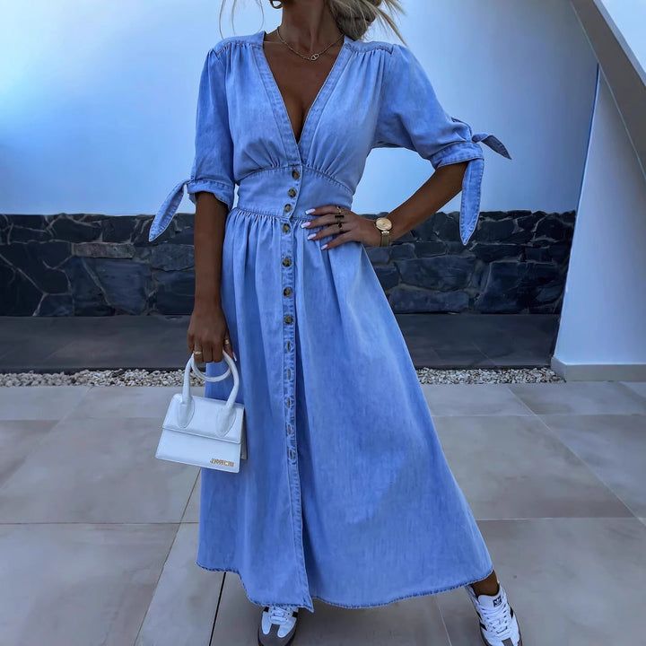Lange Denim-jurk met V-hals