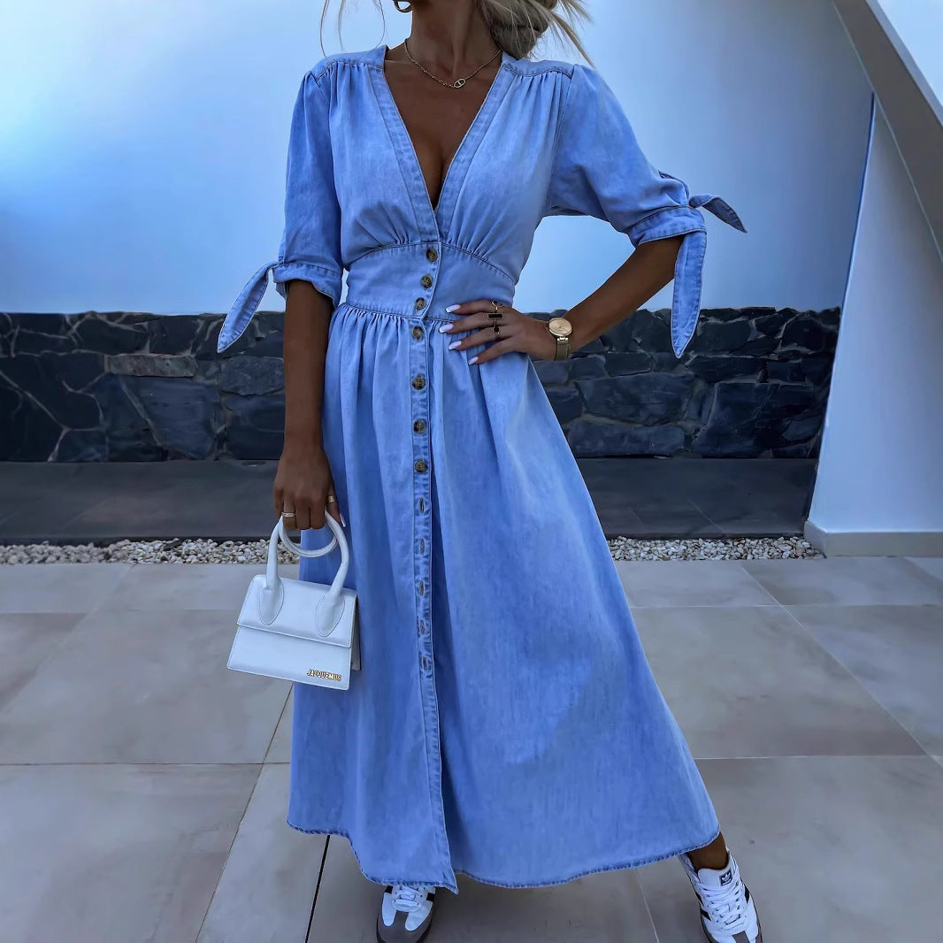 Lange Denim-jurk met V-hals