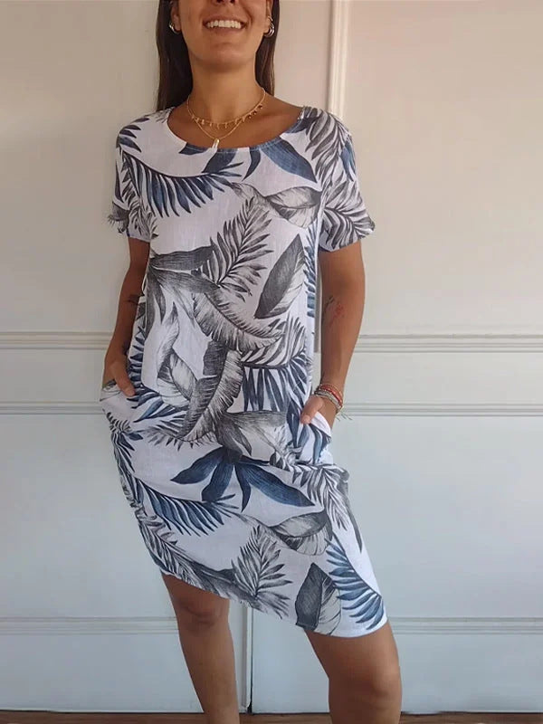 Printed Pocket Crew Dress met korte mouwen