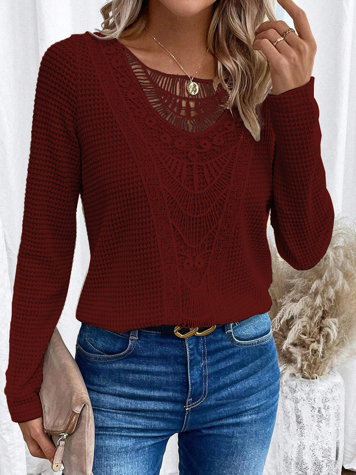 Top met ronde hals en kanten patchwork