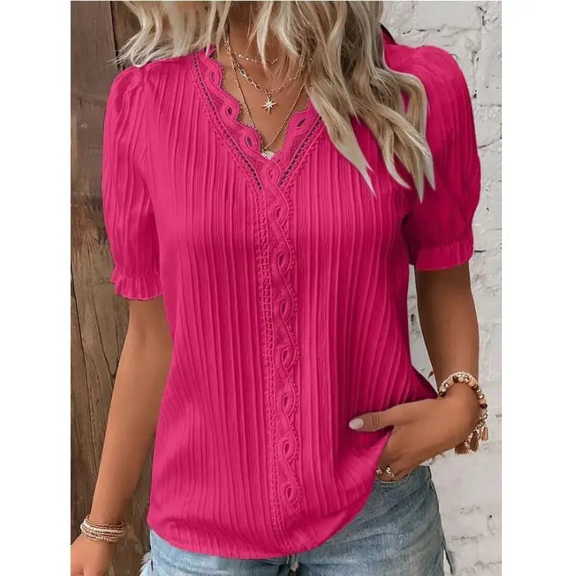 Casual V-hals kanten blouse