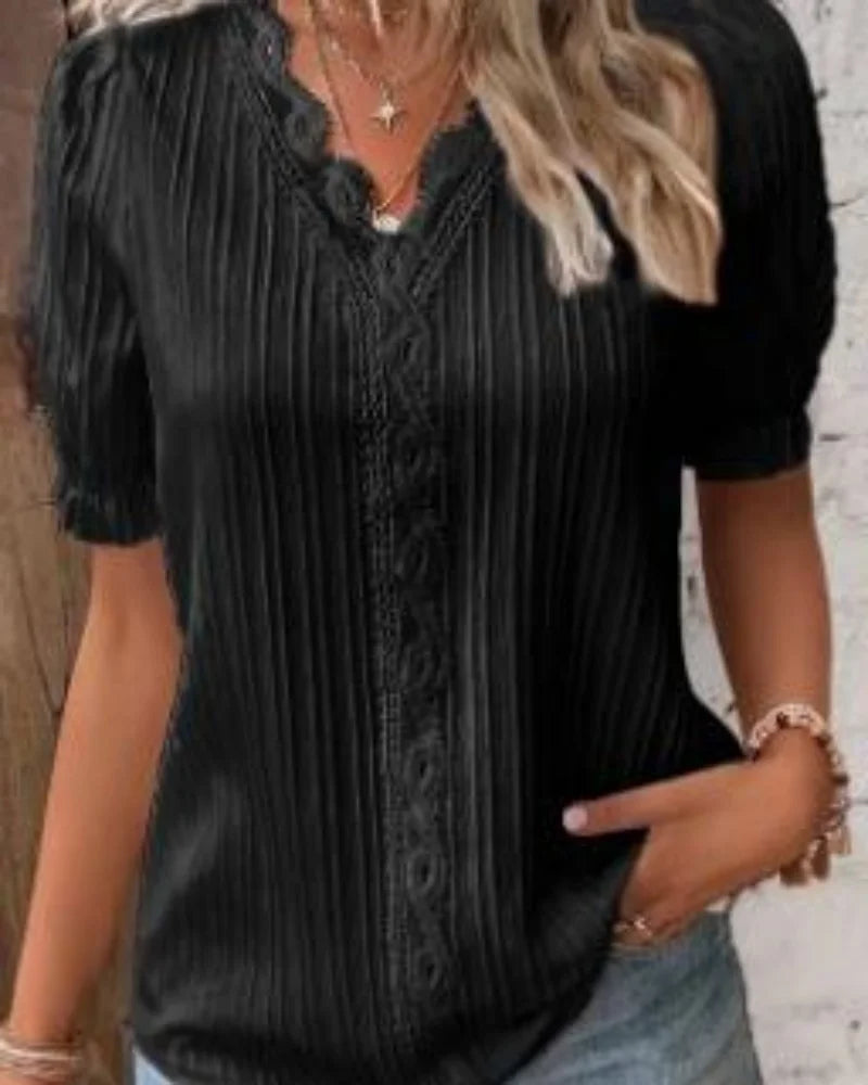 Casual V-hals kanten blouse