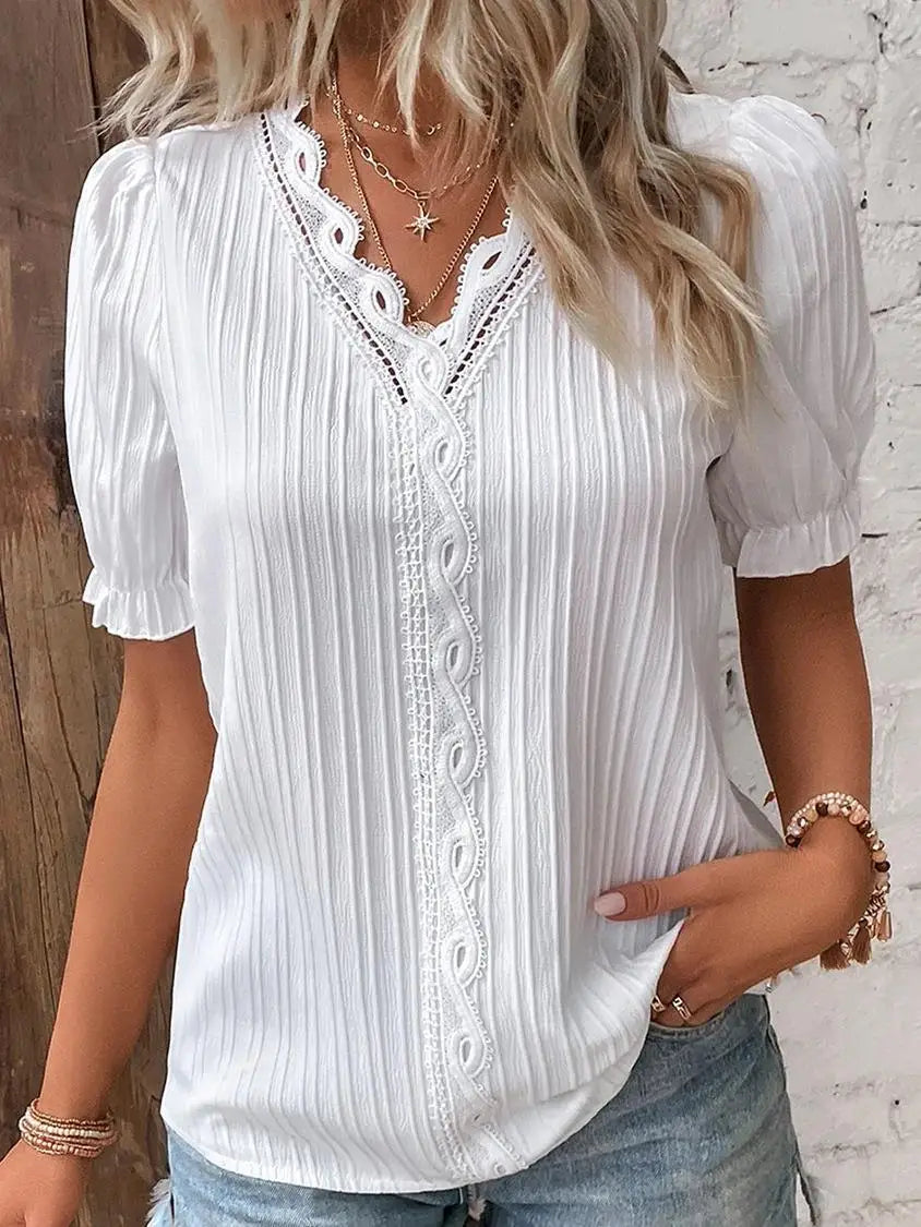 Casual V-hals kanten blouse