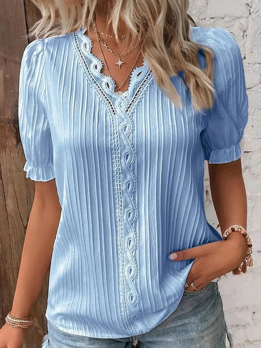 Casual V-hals kanten blouse