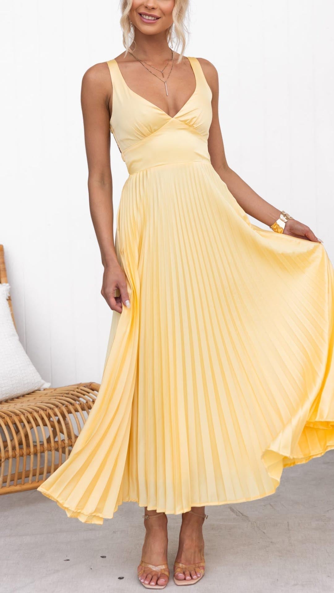 Elegante Geplooide Maxi-jurk met V-hals
