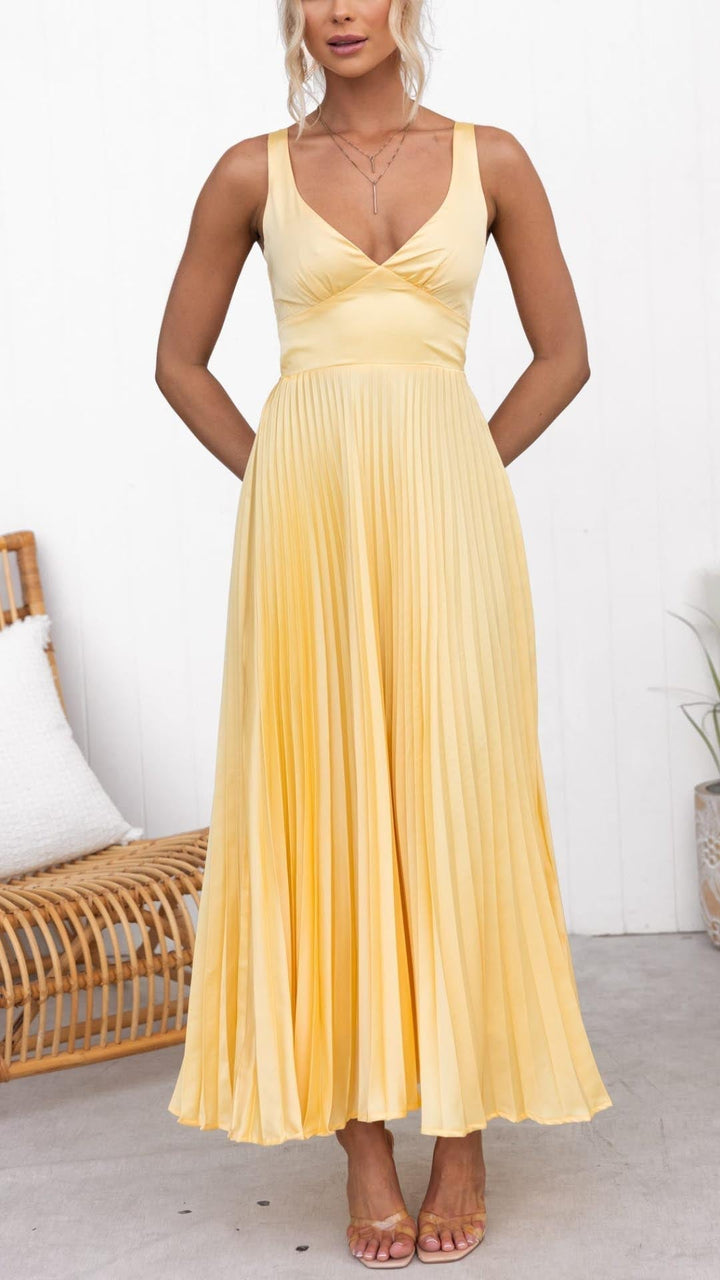 Elegante Geplooide Maxi-jurk met V-hals