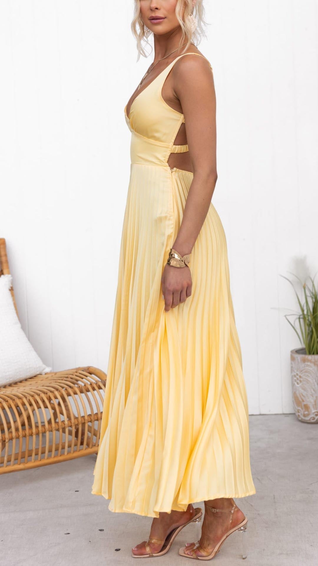 Elegante Geplooide Maxi-jurk met V-hals