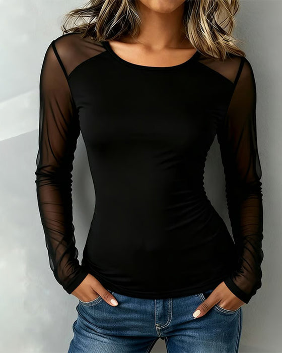 Mesh lange mouw slankzittende blouse