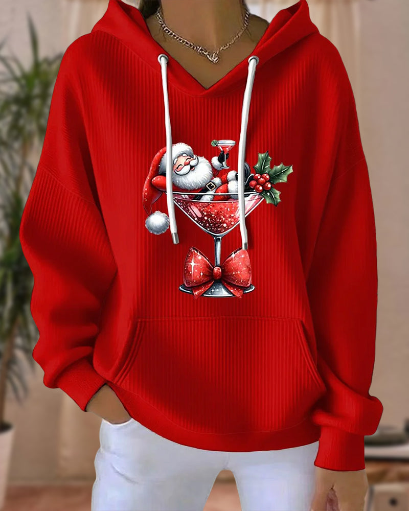 Hoodie met Santa Claus en Wijnglas Print