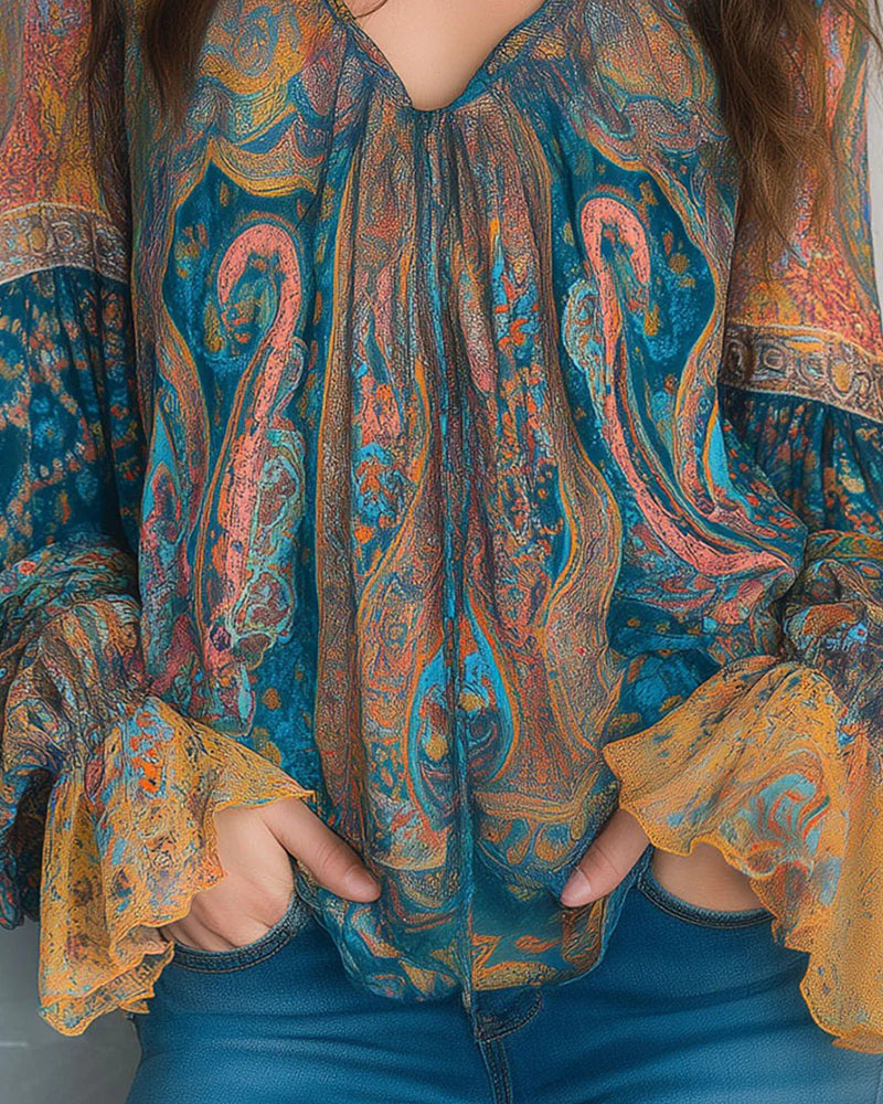 Boheemse Stijl Blouse met V-hals en Wijdere Mouwen