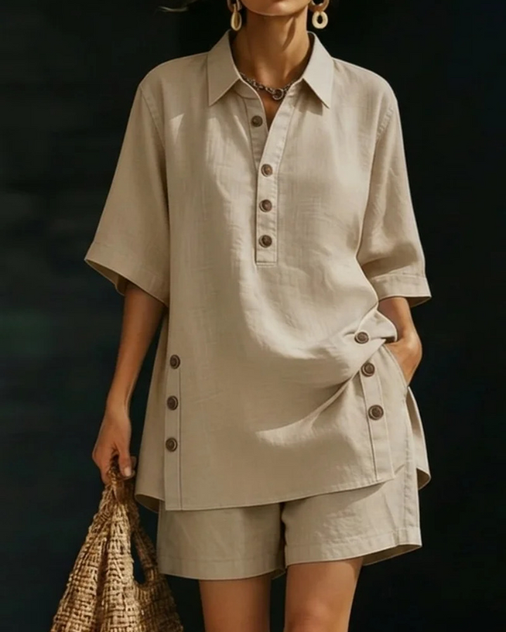 Casual tweedelige set met overhemdkraag en halve knoopsluiting
