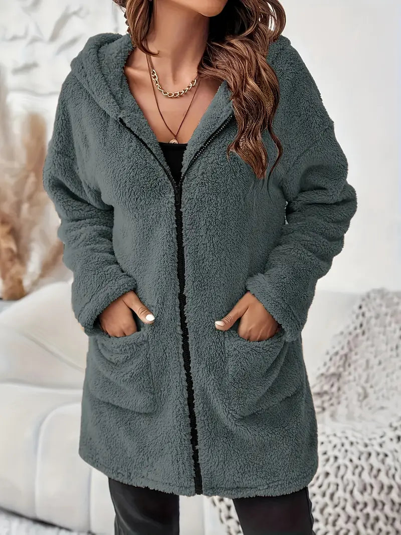 Elegante Plush Hooded Coat met rits en opgestikte zakken voor dames