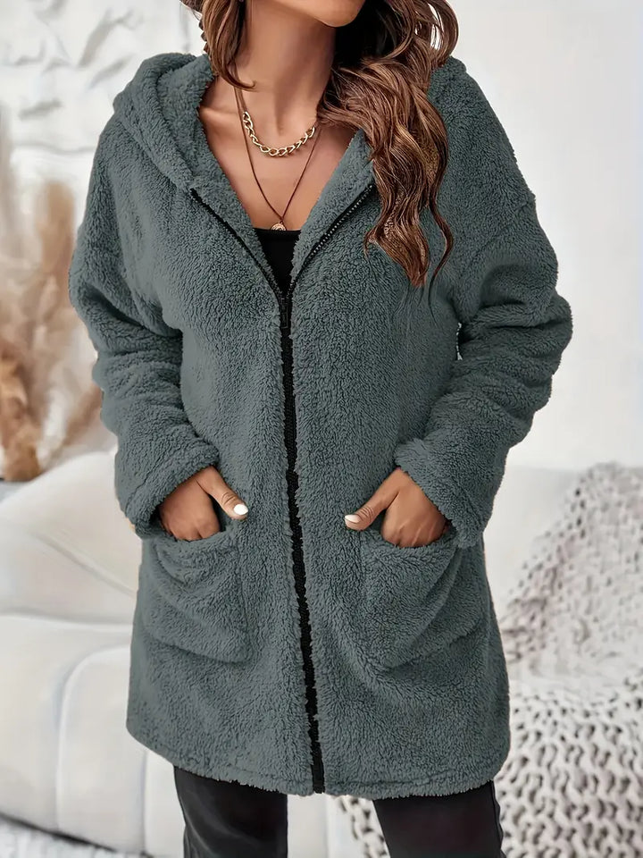 Elegante Plush Hooded Coat met rits en opgestikte zakken voor dames