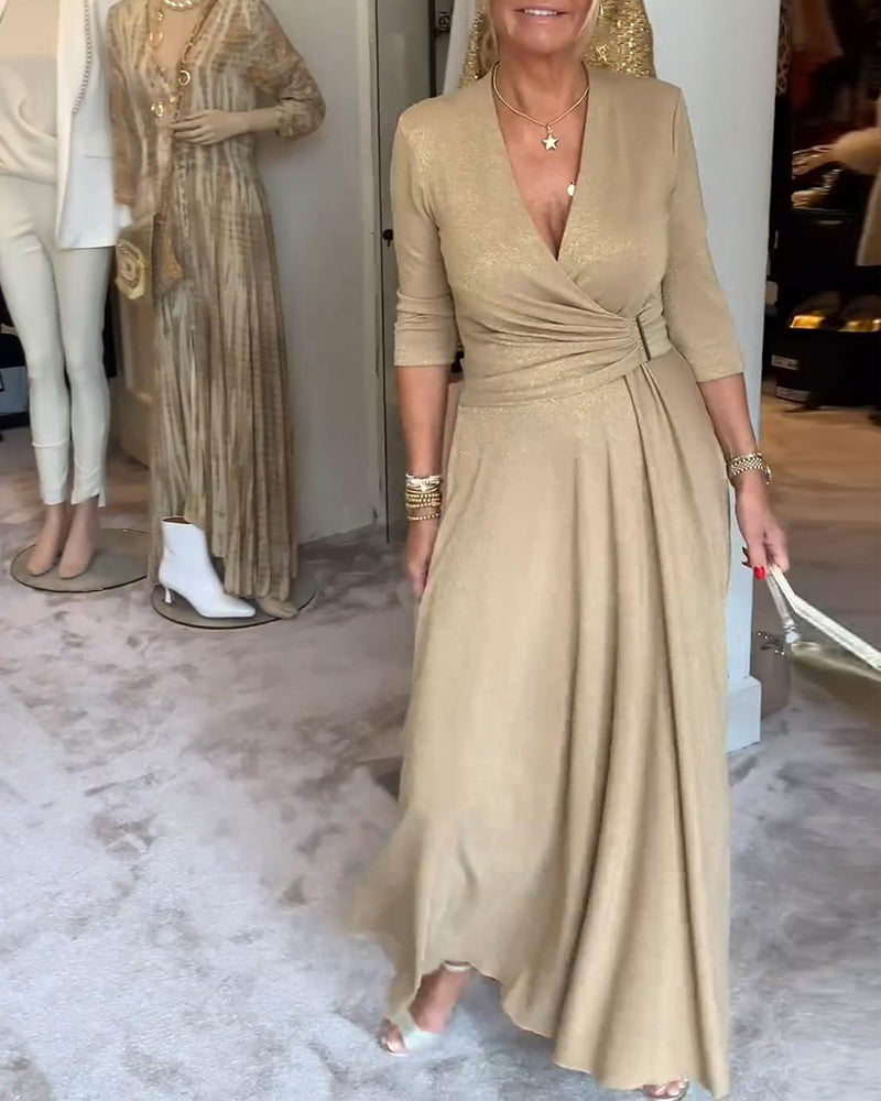 Elegante effen V-hals jurk met driekwart mouwen