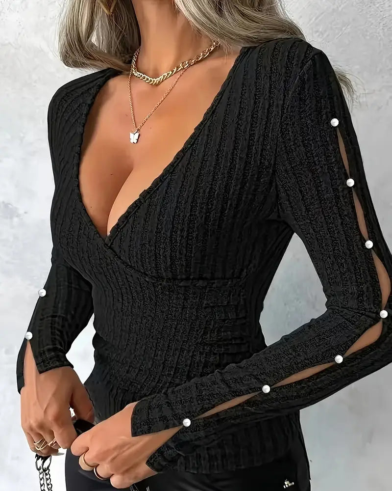 V-hals Sexy Knit Top met kralenmouwen