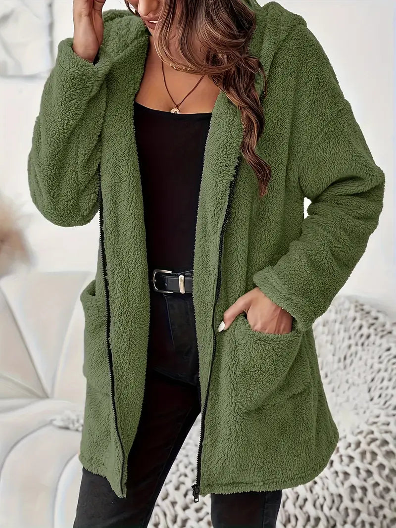 Elegante Plush Hooded Coat met rits en opgestikte zakken voor dames