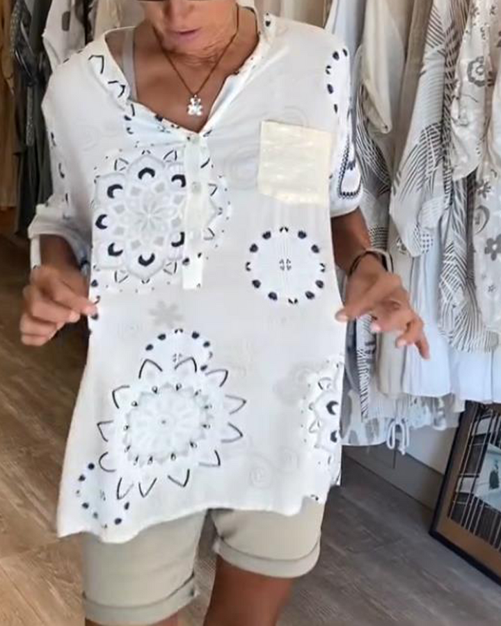 Veelzijdige V-Neck Printed Half Sleeves Blouse