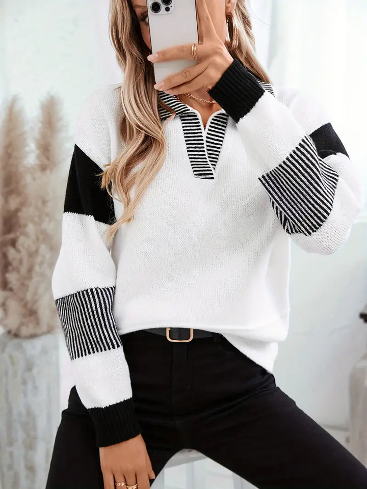 Casual gebreide trui voor dames met color block strepen en reverskraag