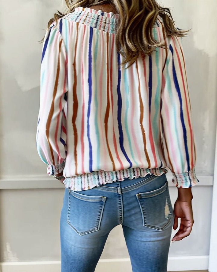 Color Block Stripe Blouse met trekkoord