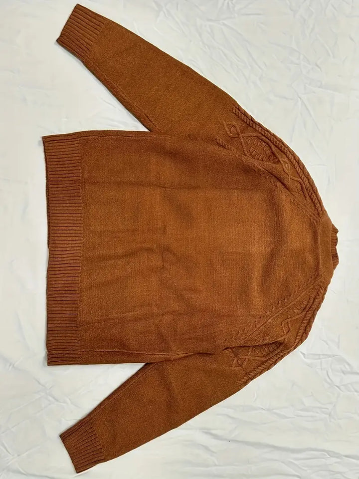 Elegant Bruin Cable-Knit Cardigan met Decoratieve Knopen