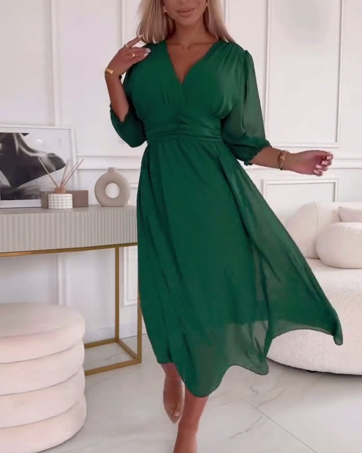 V-hals Jurk in Effen Kleur met Taille