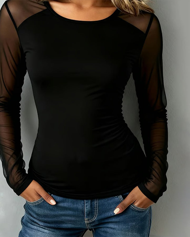Mesh lange mouw slankzittende blouse