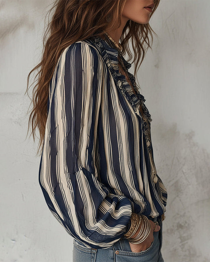 Diepe V Verticaal Gestreepte Losse Blouse