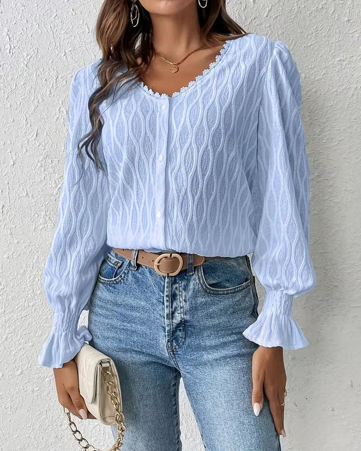Elegante Jacquard Blouse met Ruches aan de Mouwen