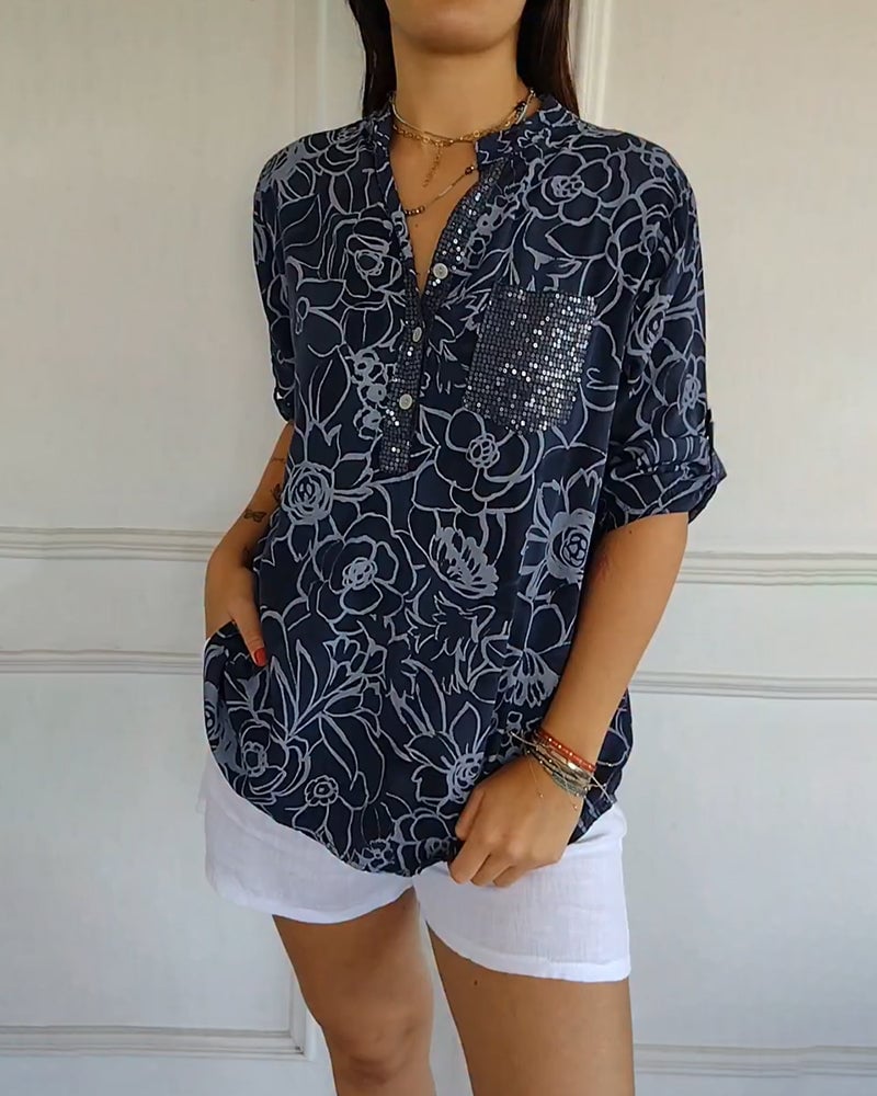 V-hals blouse met knopen en print
