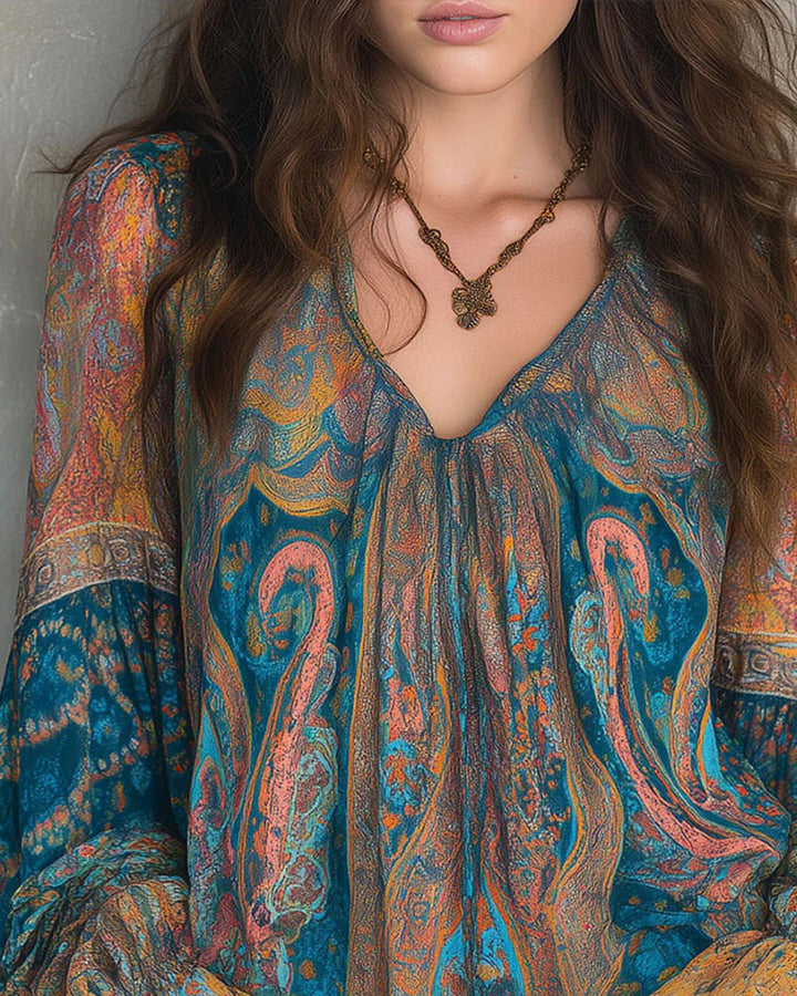 Boheemse Stijl Blouse met V-hals en Wijdere Mouwen