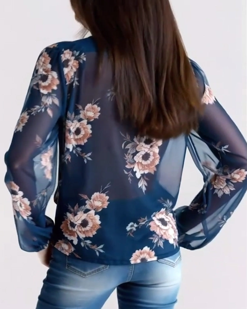 Modieuze Printed V-hals Blouse met Lange Mouwen