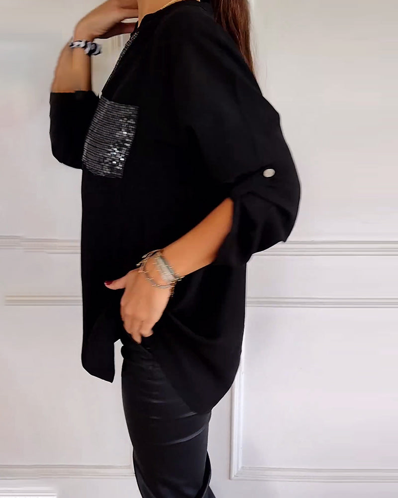 Casual top met sequin-panelen en knoopjes