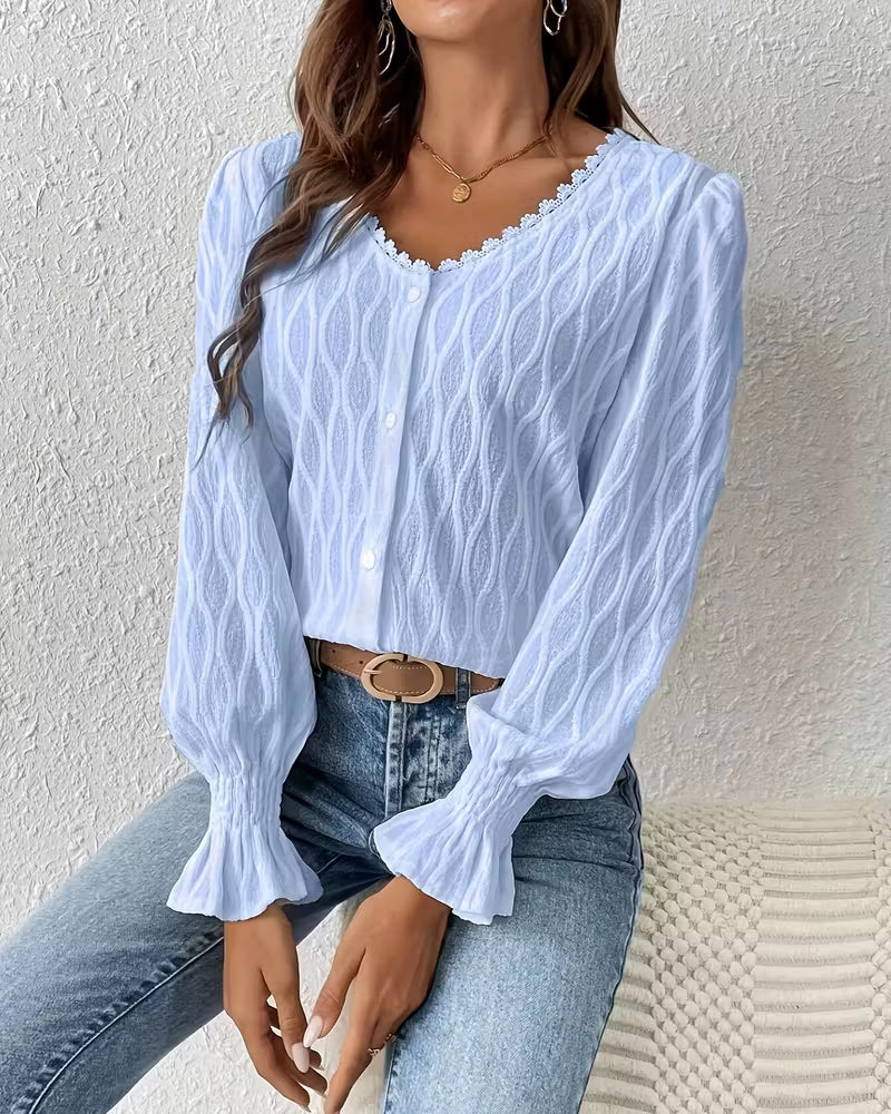 Elegante Jacquard Blouse met Ruches aan de Mouwen