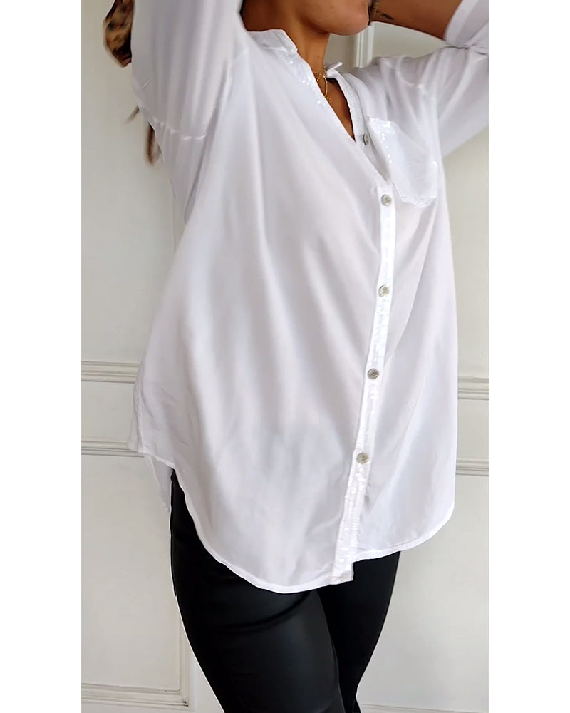 Casual top met sequin-panelen en knoopjes
