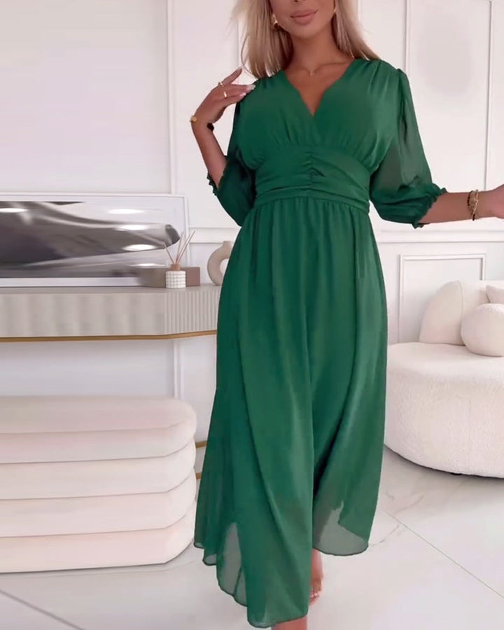 V-hals Jurk in Effen Kleur met Taille