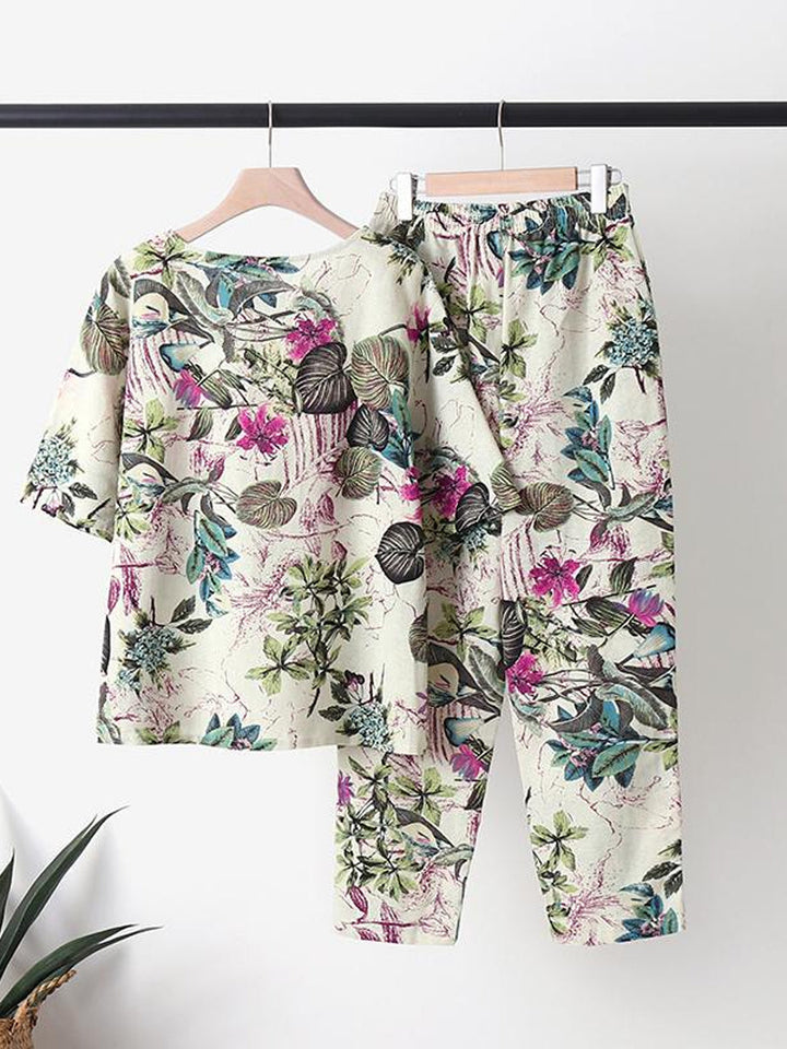 Tweedelig set met bloemenprint en ronde hals
