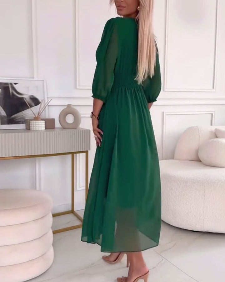 V-hals Jurk in Effen Kleur met Taille