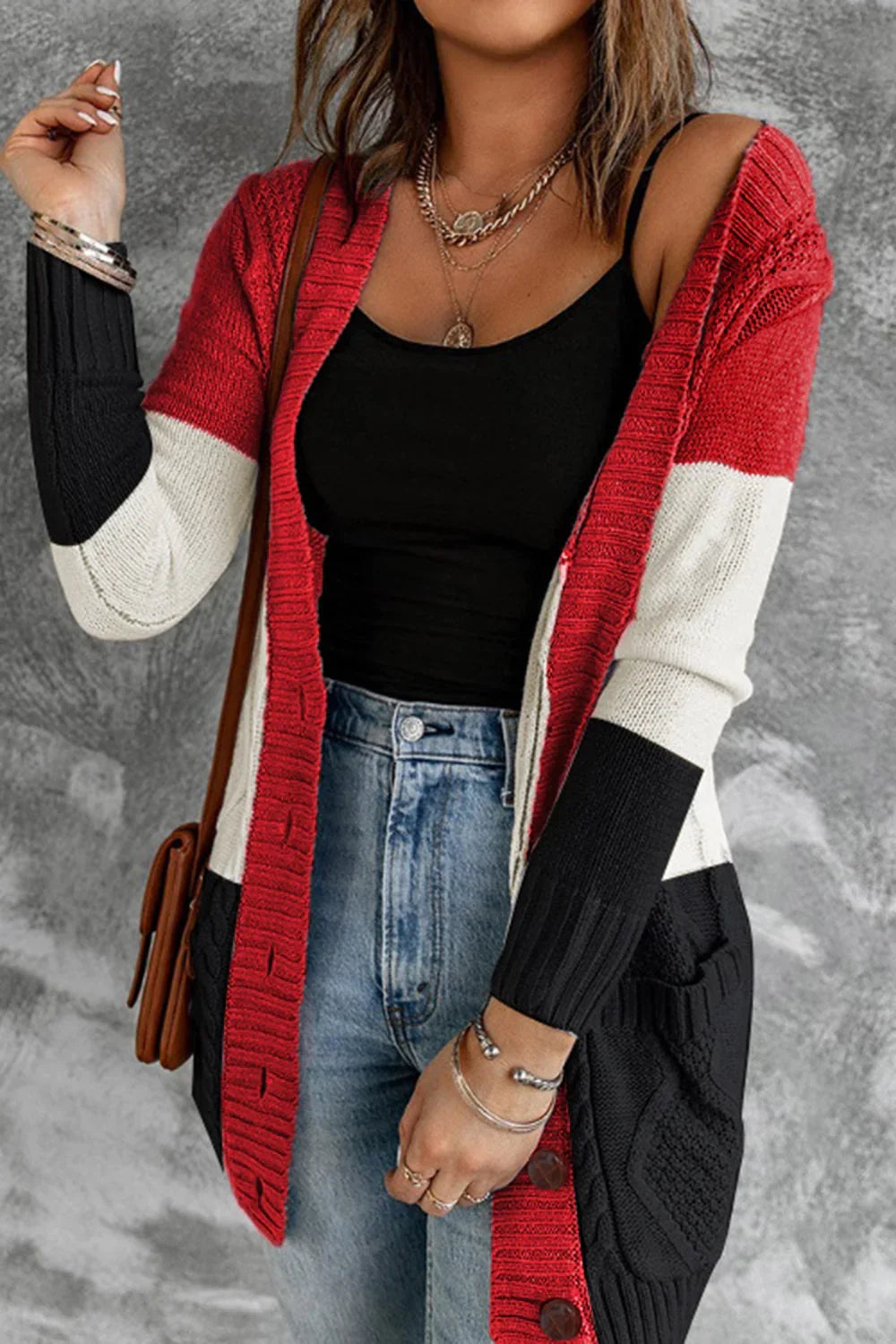 Color Block V-hals Cardigan met Knoopsluiting