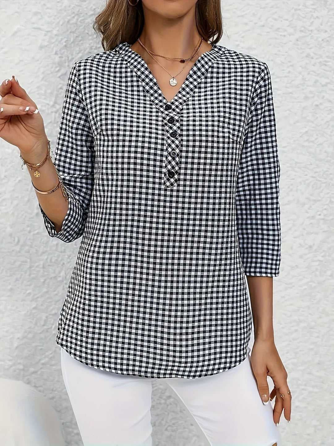 Elegante V-hals Ruitjesblouse