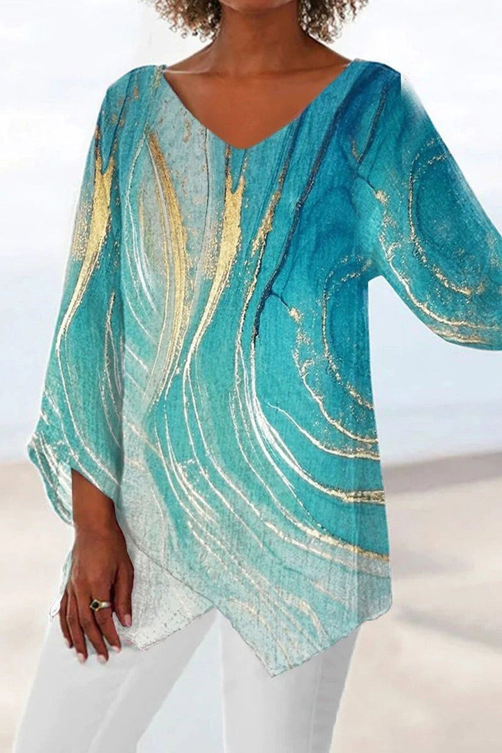 Vintage V-hals Marble Print Blouse met onregelmatige zoom en lange mouwen