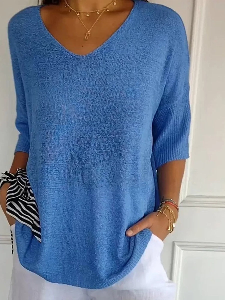 Gebreide V-hals blouse in effen kleur
