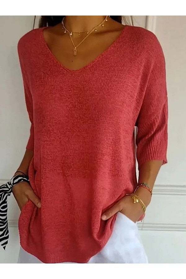 Gebreide V-hals blouse in effen kleur