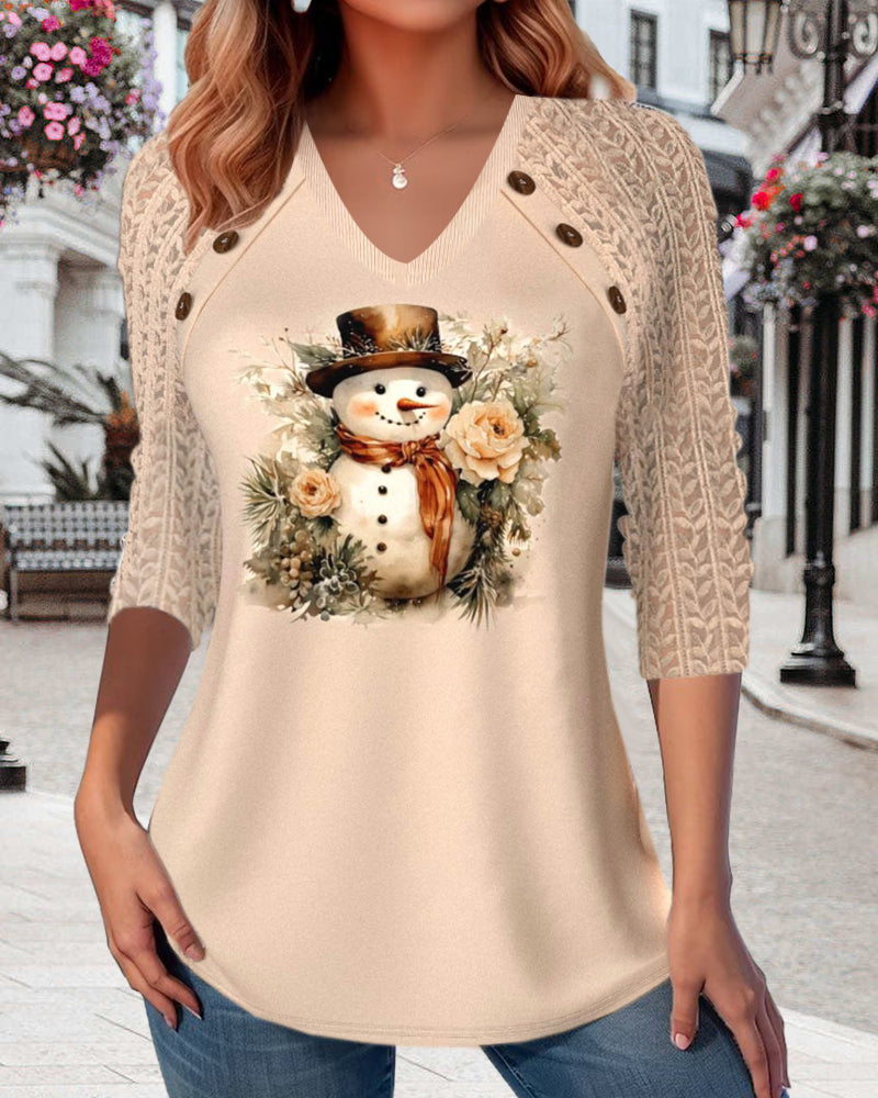 Casual V-hals top met sneeuwmanprint