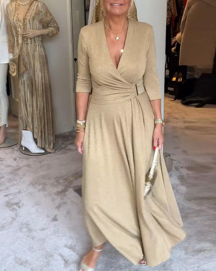 Elegante effen V-hals jurk met driekwart mouwen