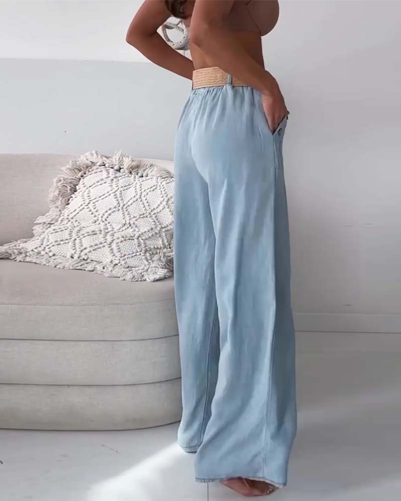Washed denim wijde pijpen broek
