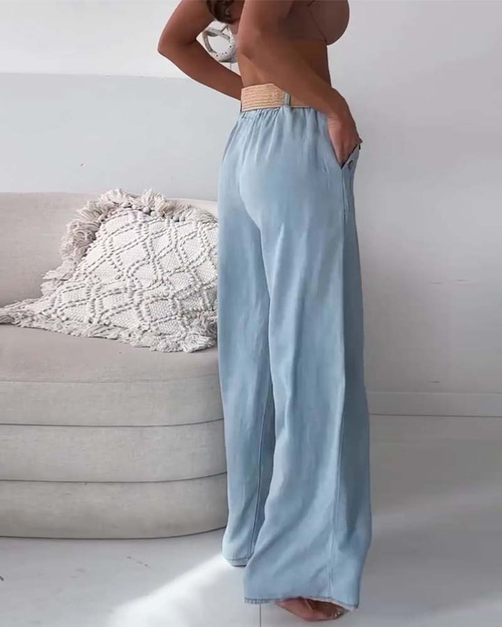 Washed denim wijde pijpen broek