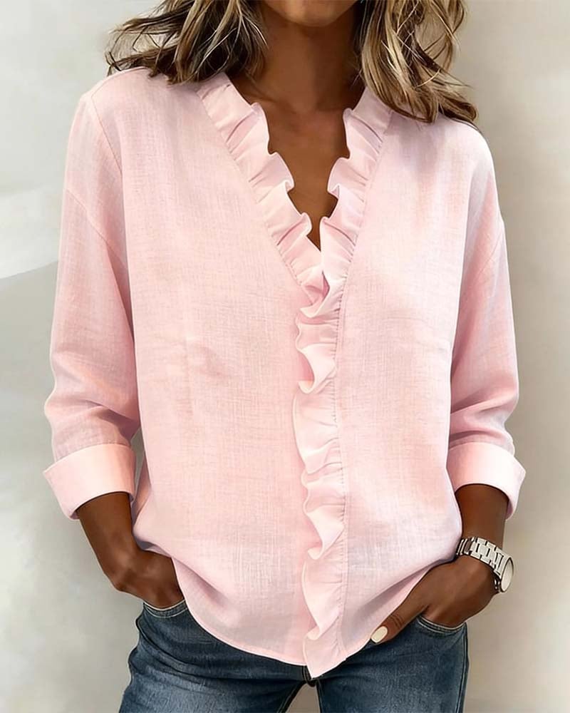 Ruffle V-hals blouse met lange mouwen