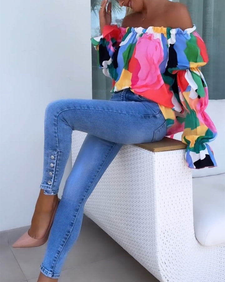 Kleurrijke Printed One-Shoulder Casual Top